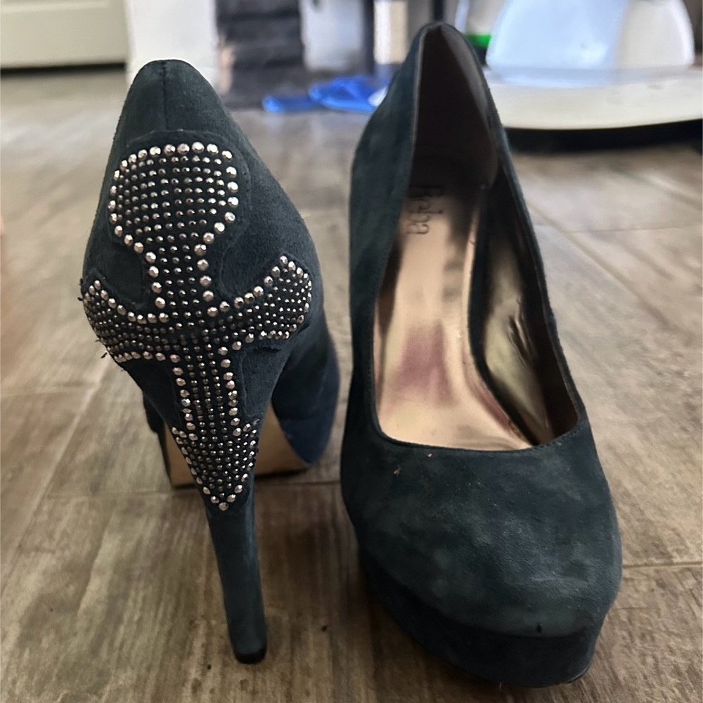 Reba Dark Blue Heels with Rhinestone Accent
